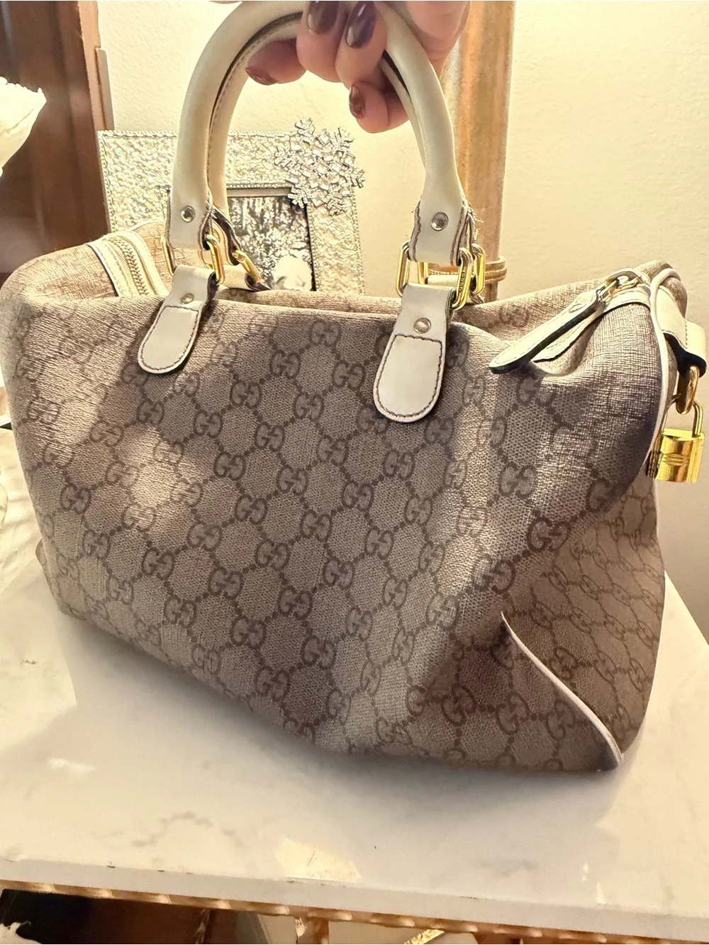 GUCCI Guccisima, hint of sparkle GG Supreme painted beige canvas Boston Bag